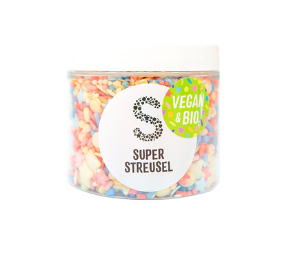 Bunte Super Streusel »Frechdachs« Zuckerstreusel in einem durchsichtigen Behälter.