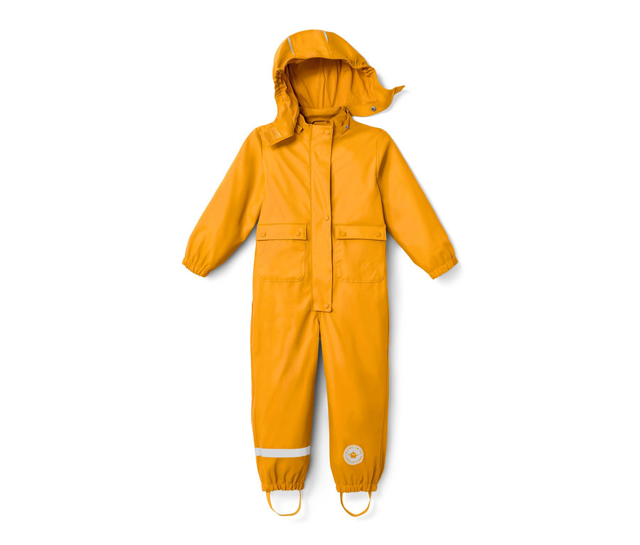 Gelber Regeneinteiler »Friesennerz« mit Kapuze, Taschen und Reflektoren.