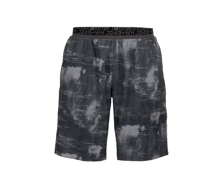 Schwarze Funktionsshorts mit abstraktem grauem Muster.