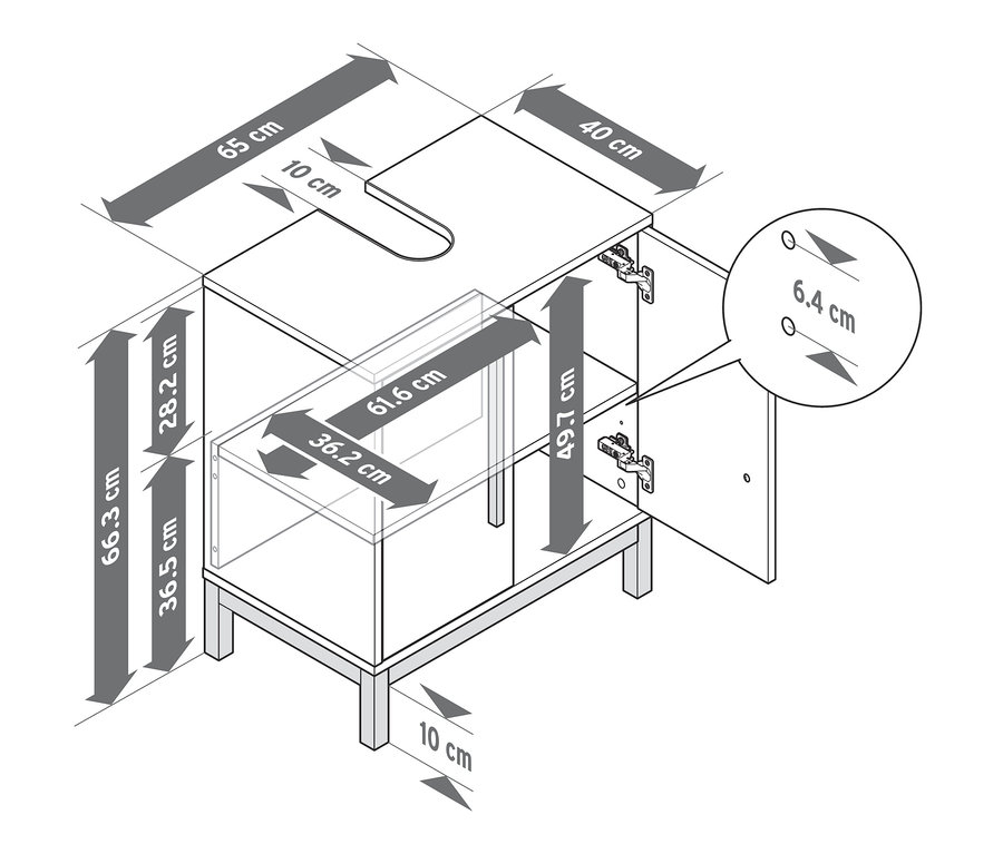 Abmessungen des Waschbeckenunterschranks.