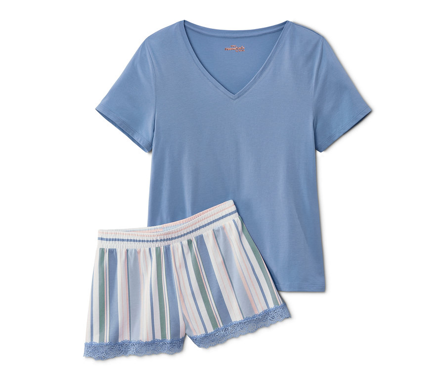 Shorty-Pyjama: Ein blaues Kurzarm-T-Shirt und eine gestreifte Short mit Spitze.