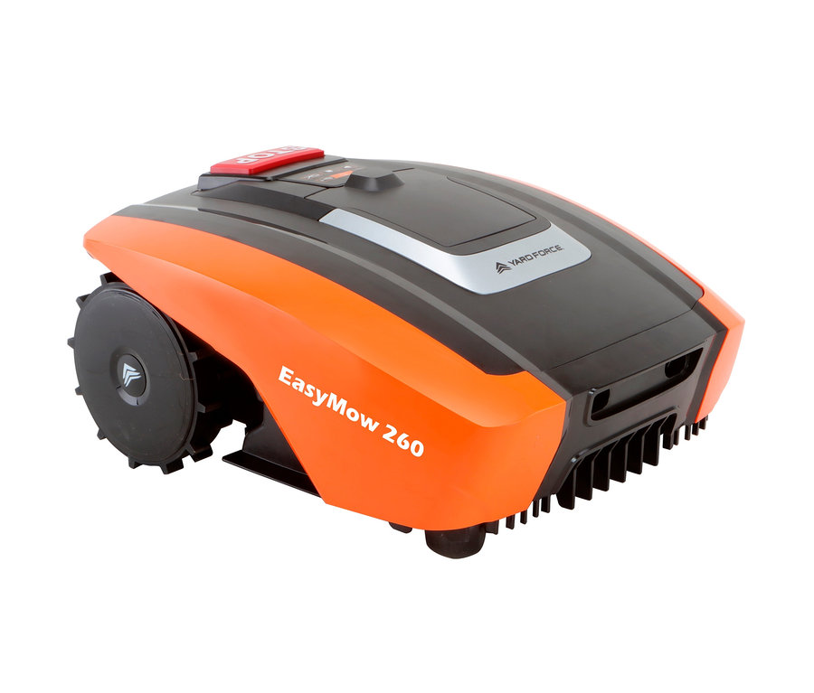 Ein orange-schwarzer Yard Force EASYMOW 260 Mähroboter vor einem weißen Hintergrund.