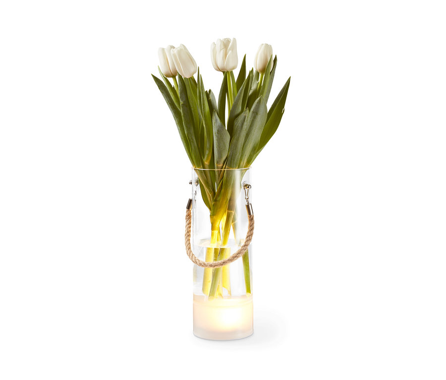 Ein Bouquet aus weißen Tulpen in einer LED-Vase.