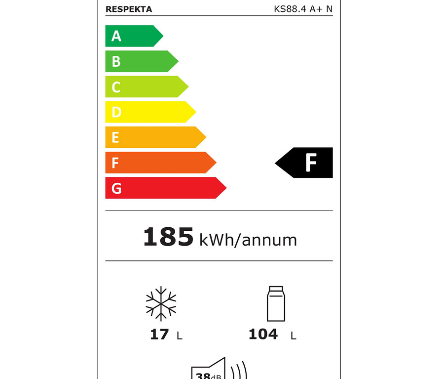 Ein Energieetikett mit den Klassen A bis G, wobei F die ineffizienteste ist. Der jährliche Energieverbrauch beträgt 185 kWh, das Gefriervolumen 17 l und das Kühlvolumen 104 l, die Geräuschentwicklung 38 dB.