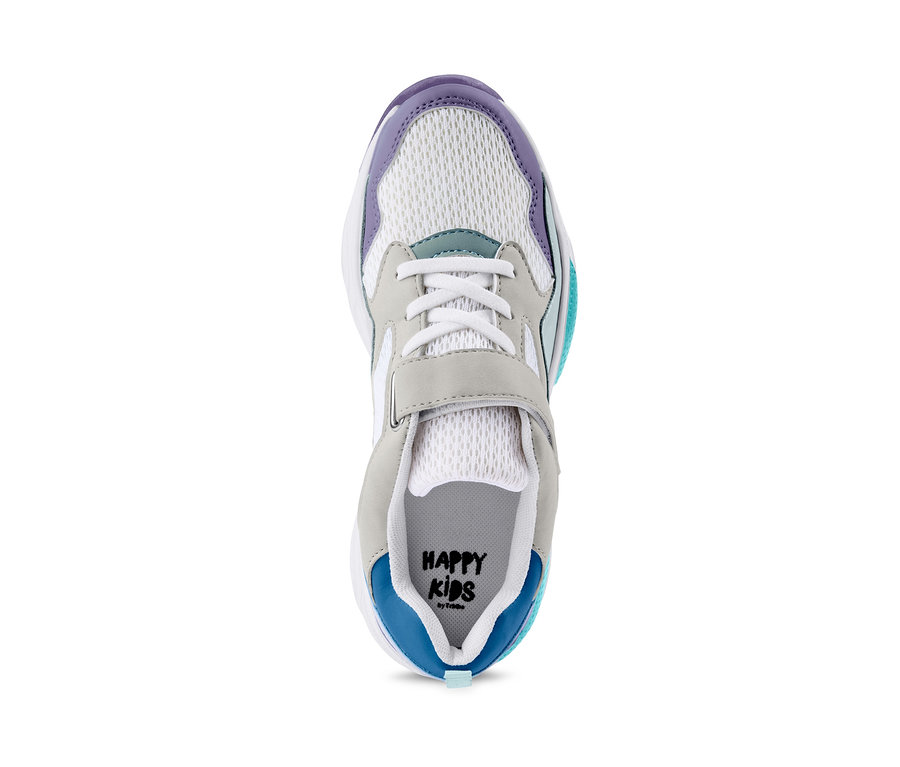 Draufsicht auf einen Sneaker mit weißem Netzmuster, lila und blauen Akzenten.