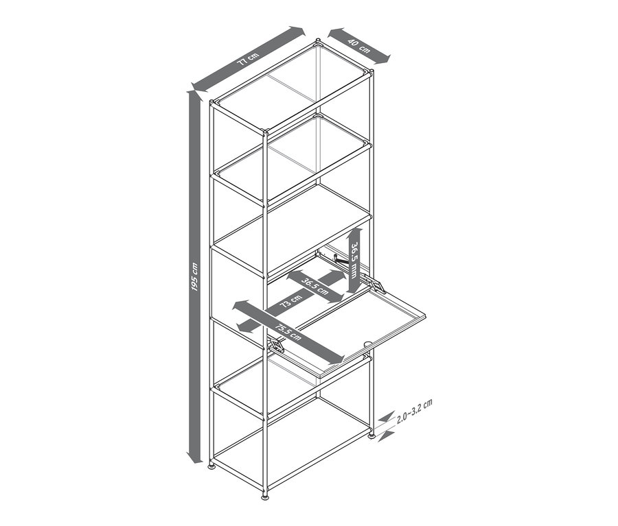 Skizze eines hohen Glas-Metall-Regals »CN3« mit Klappfach und Abmessungen.