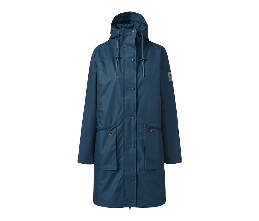Marineblauer Funktions-Regenparka mit Kapuze, Knopfleiste und Taschen.