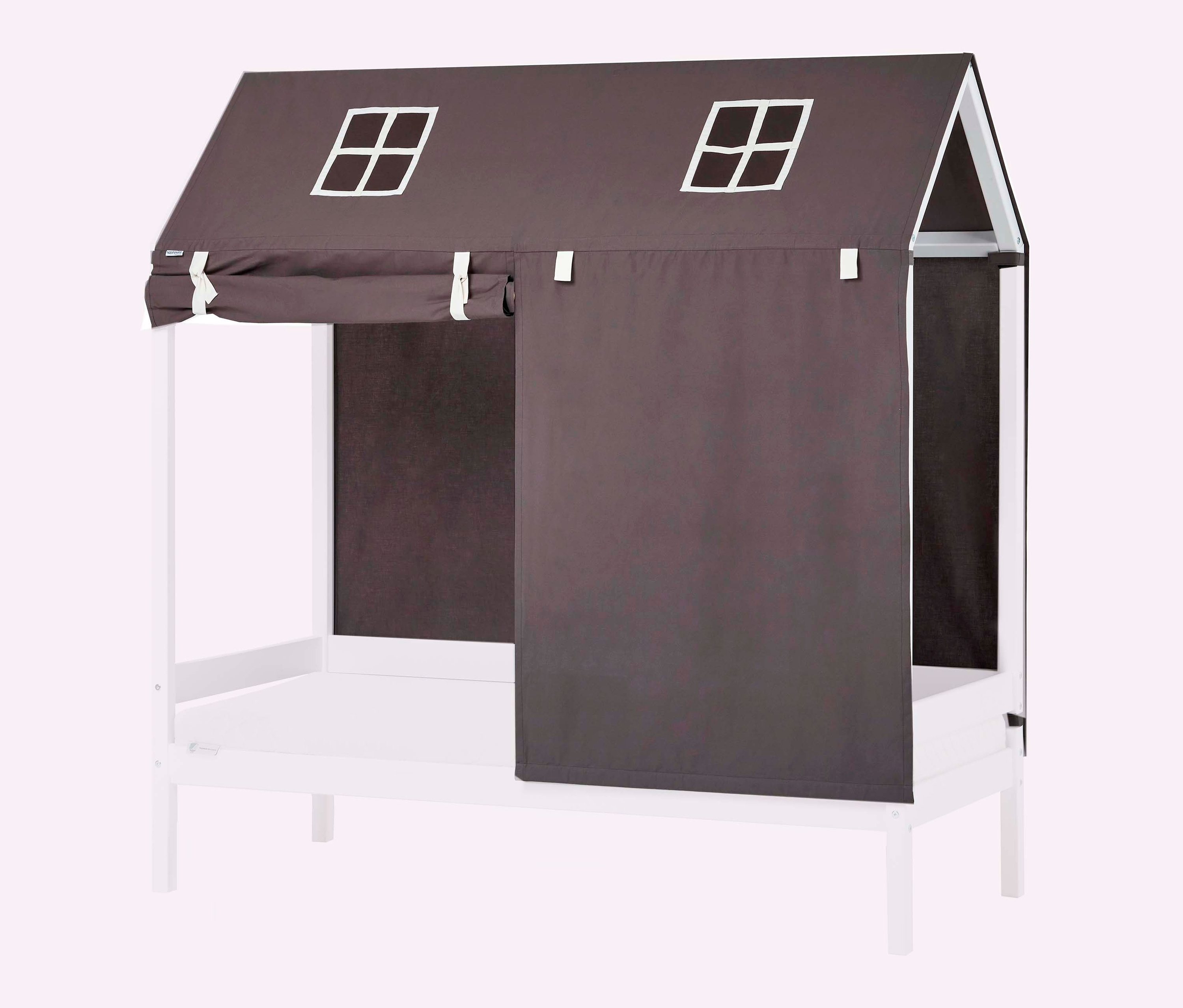 Weißes Kinderbettgestell mit braunem Stoffdach in Hausform und zwei Fenstern. Bettüberwurf für Kinderbetten »Pets«, ca. 70 x 160 cm.