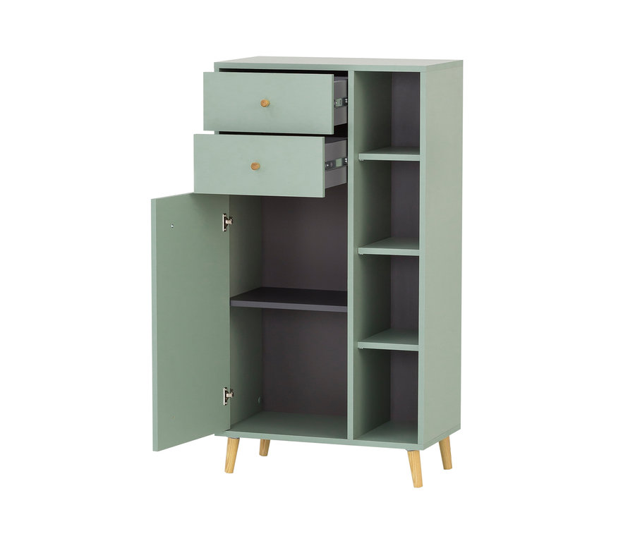 Pistaziengrünes Highboard »Bjarne« mit zwei Schubladen und offenem Schrankfach.