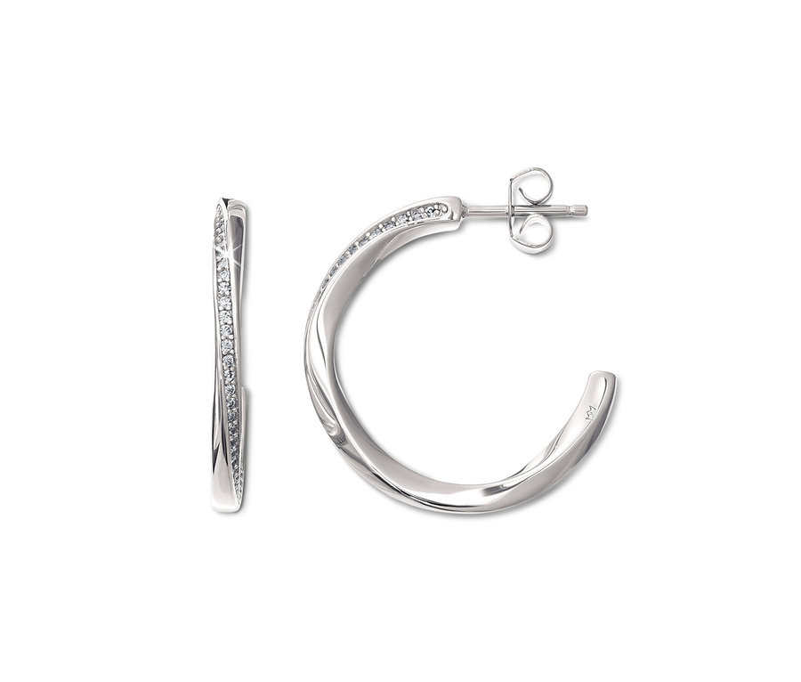 Zwei Creolen Circle aus 925 Silber rhodiniert, mit Zirkonia liegen auf weißem Grund.