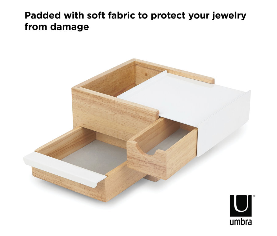 Ein hölzerner Schmuckkasten mit zwei Schubladen und weißen Akzenten.