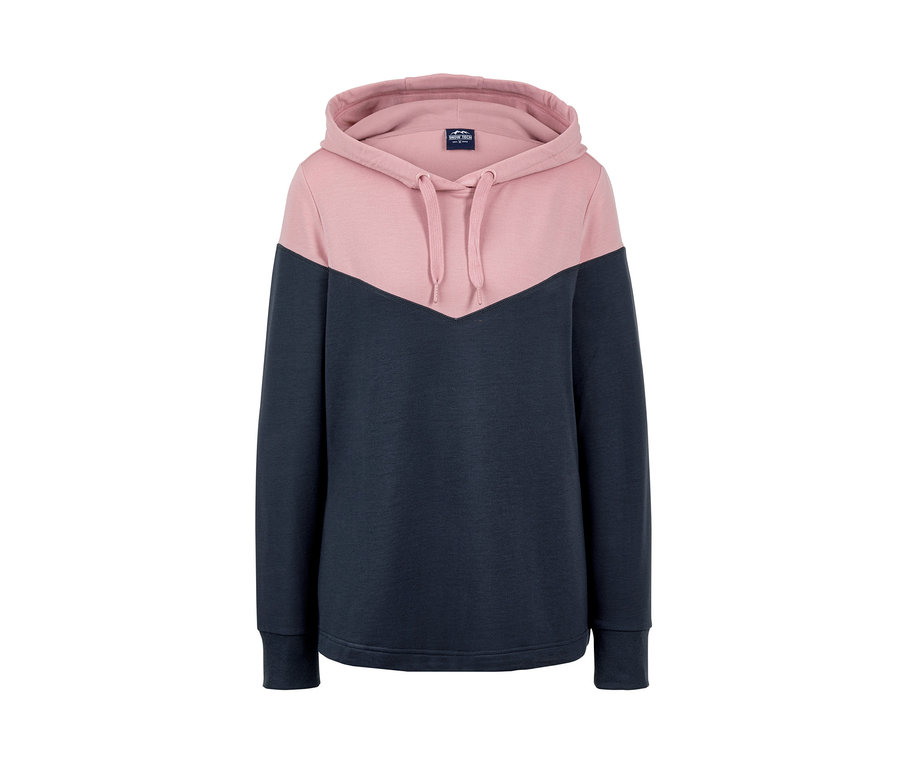 Ein zweifarbiger Kapuzen-Sweatpullover, oben rosa und unten dunkelblau.