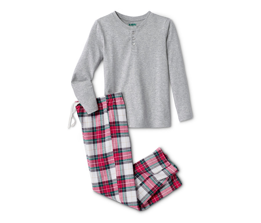 Grauer Pyjama mit karierter Hose.