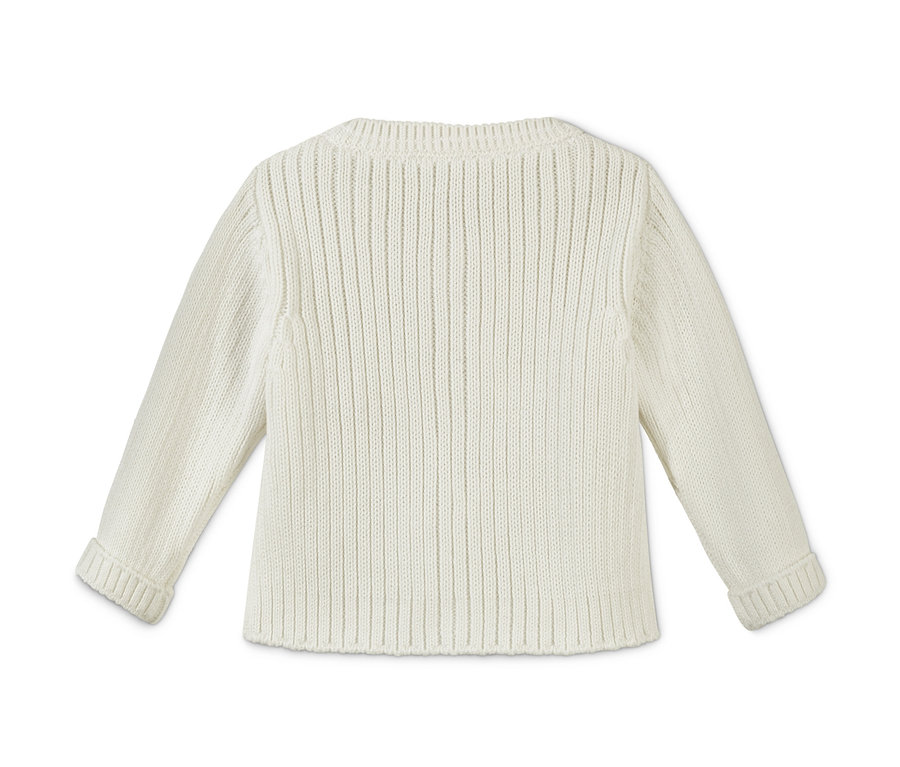 Rückansicht einer cremefarbenen Baby Baumwoll-Strickjacke.