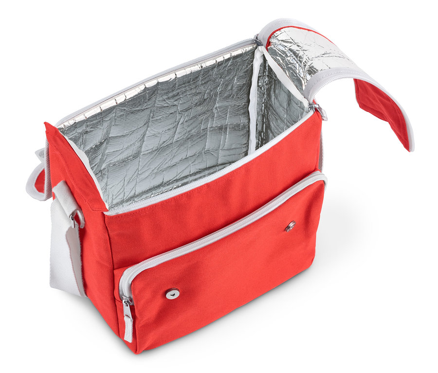 Offene Mini-Kühltasche. Das Innere der Tasche ist silberfarben.