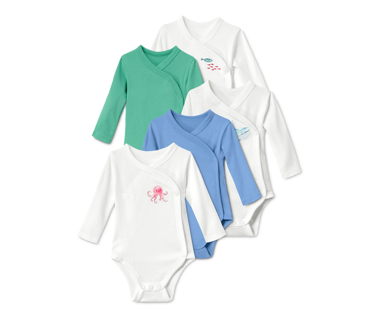 Fünf Baby Baumwoll-Bodys in Grün, Blau und Weiß mit Tiermotiven.