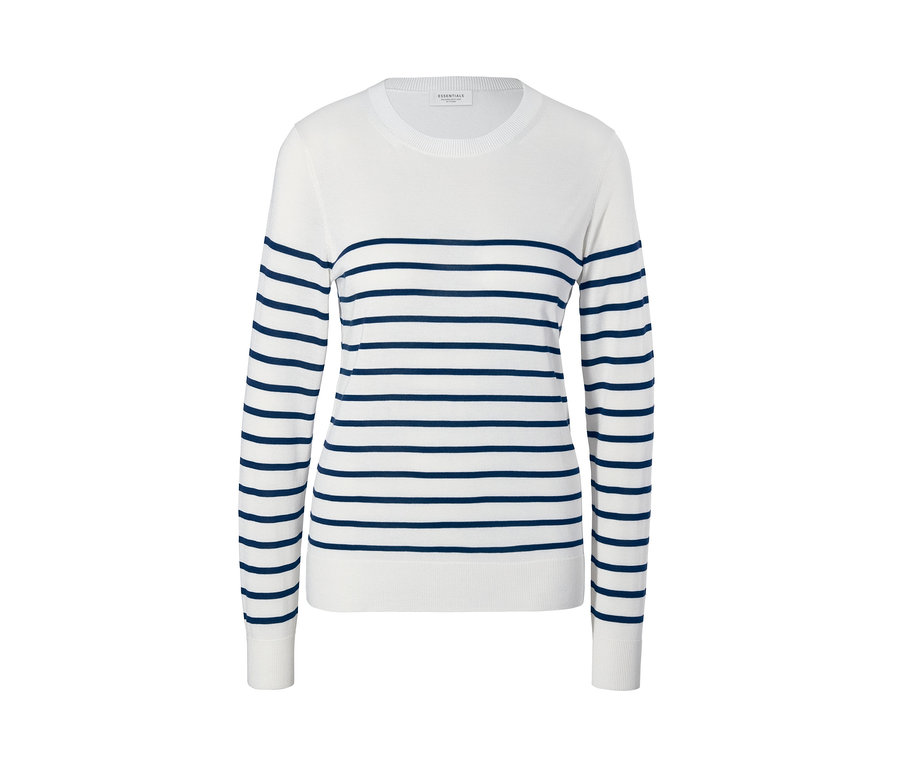 Weißer Pullover mit blauen Streifen.