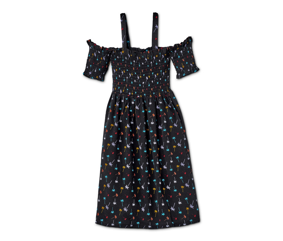 Schwarzes Off-Shoulder-Kleid mit Palmenmuster.