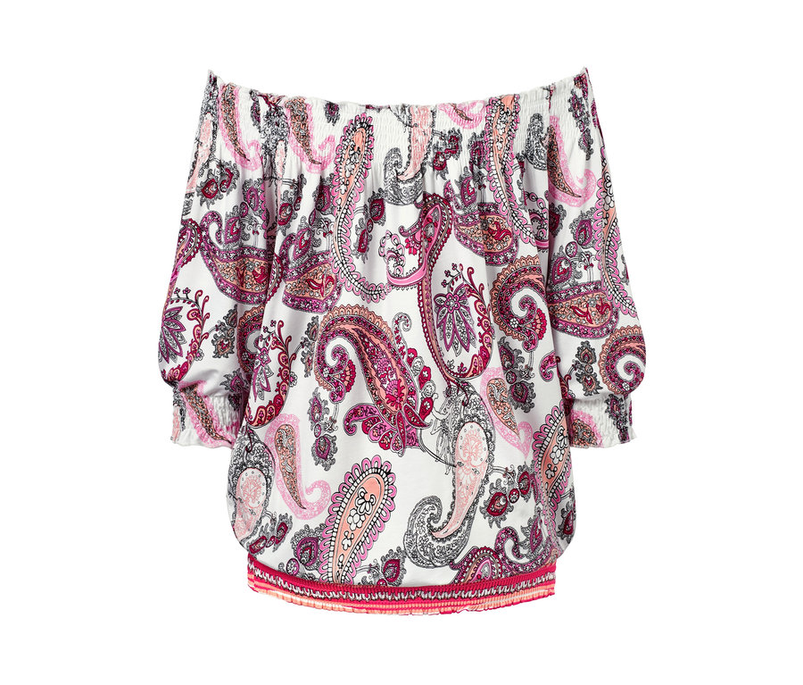 Off-Shoulder-Shirt mit Paisley-Muster.