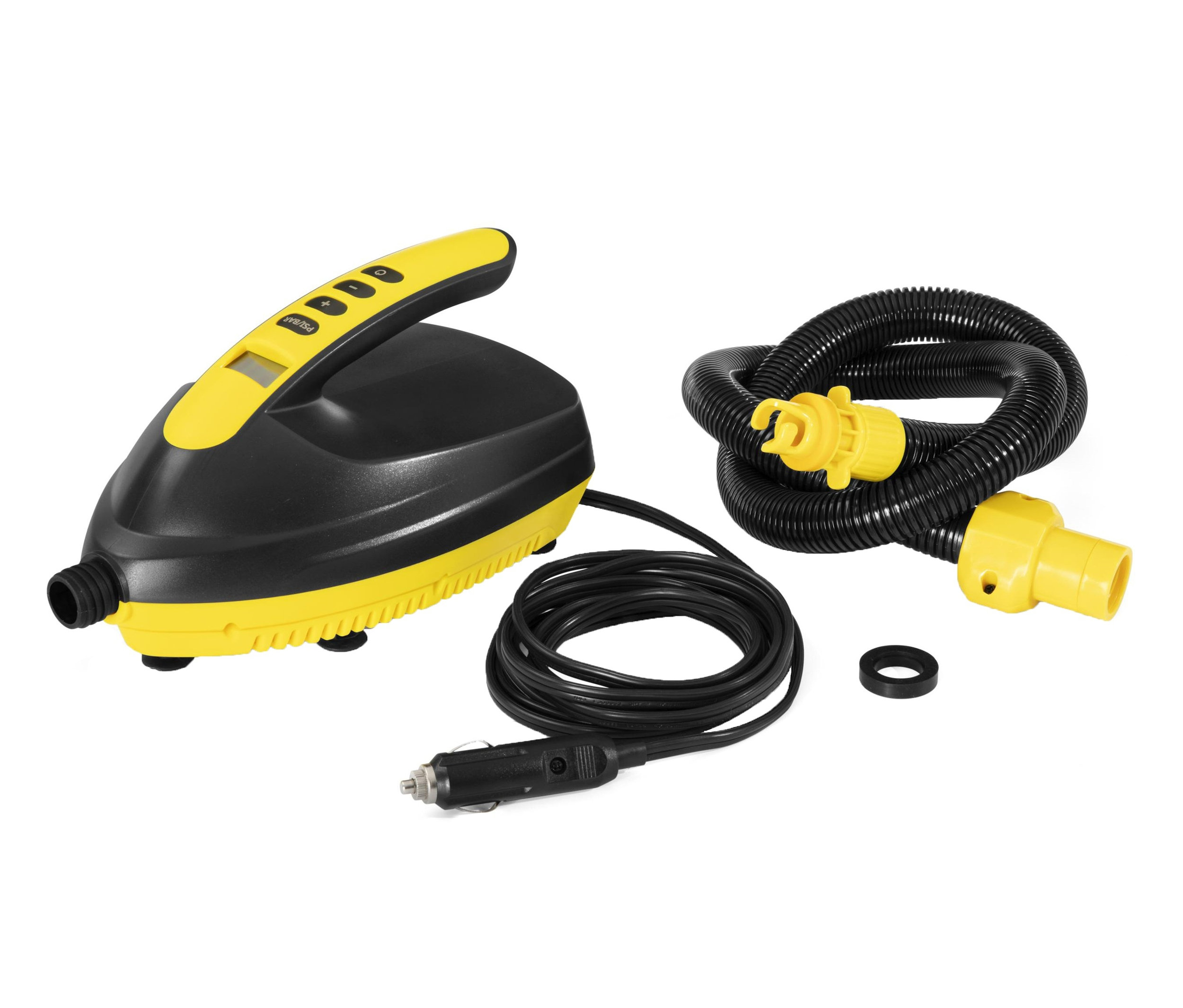 Eine schwarz-gelbe Hydro-Force 12 V Hochdruck-Elektropumpe mit Schlauch und Kabel auf weißem Hintergrund.