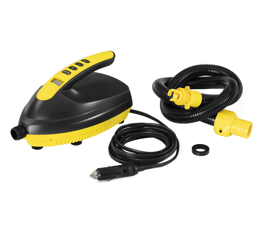 Eine schwarz-gelbe Hydro-Force 12 V Hochdruck-Elektropumpe mit Schlauch und Kabel auf weißem Hintergrund.