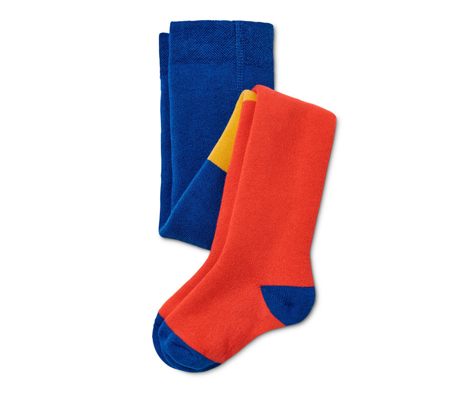 Zwei Paar Thermo-Strumpfhosen, eins blau, eins orange.