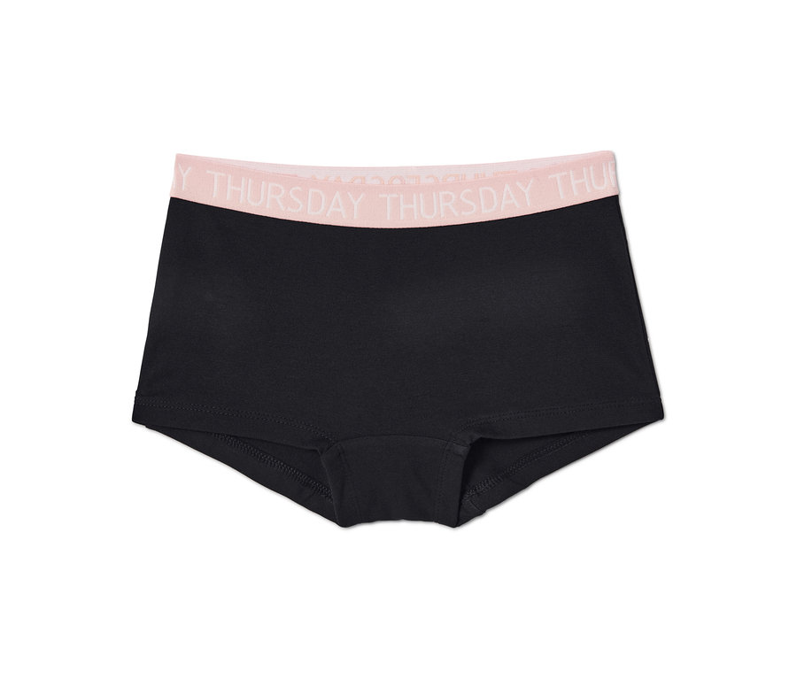 Eine einzelne schwarze 7 Mädchen-Pantys mit einem rosa Bund mit Schriftzug.