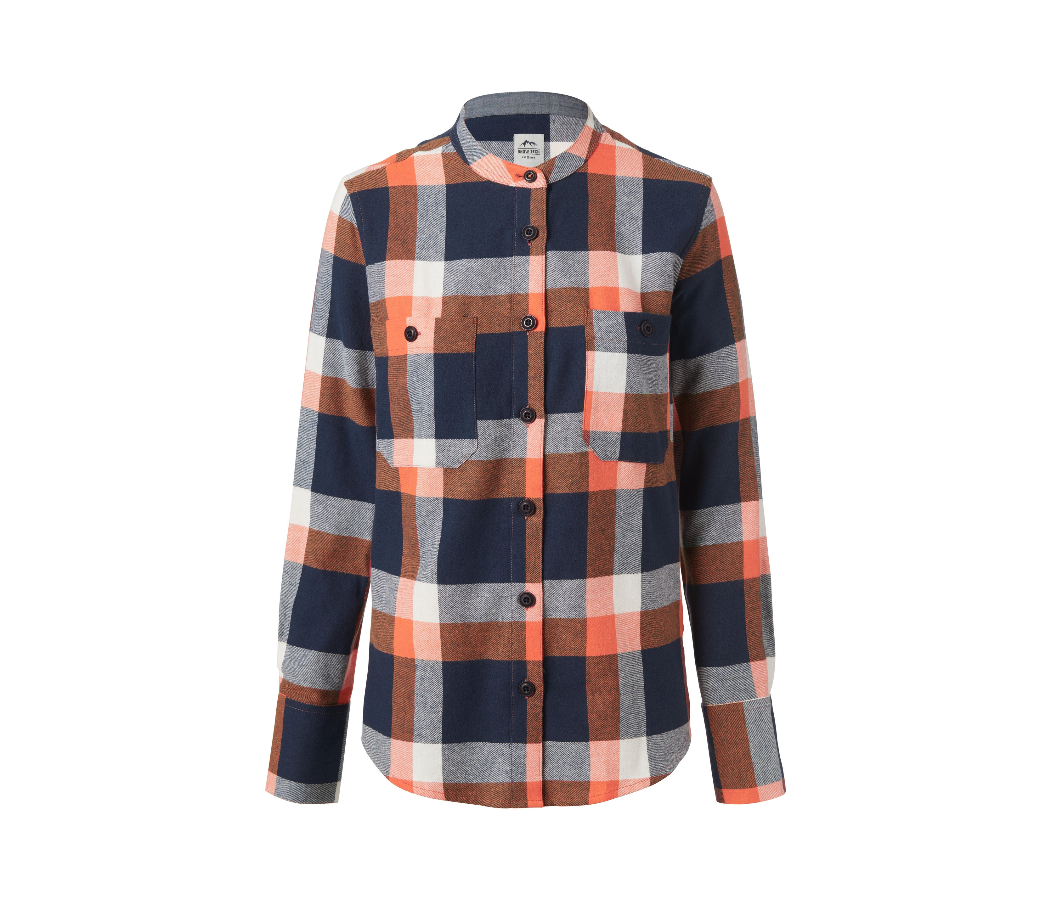 Eine blau, orange und weiss karierte Flanellbluse mit langen Ärmeln.