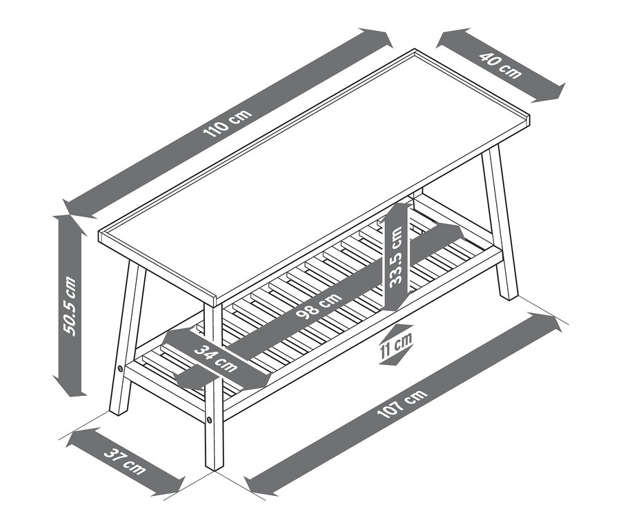 Abbildung einer Sitzbank mit Ablage und Größenangaben.