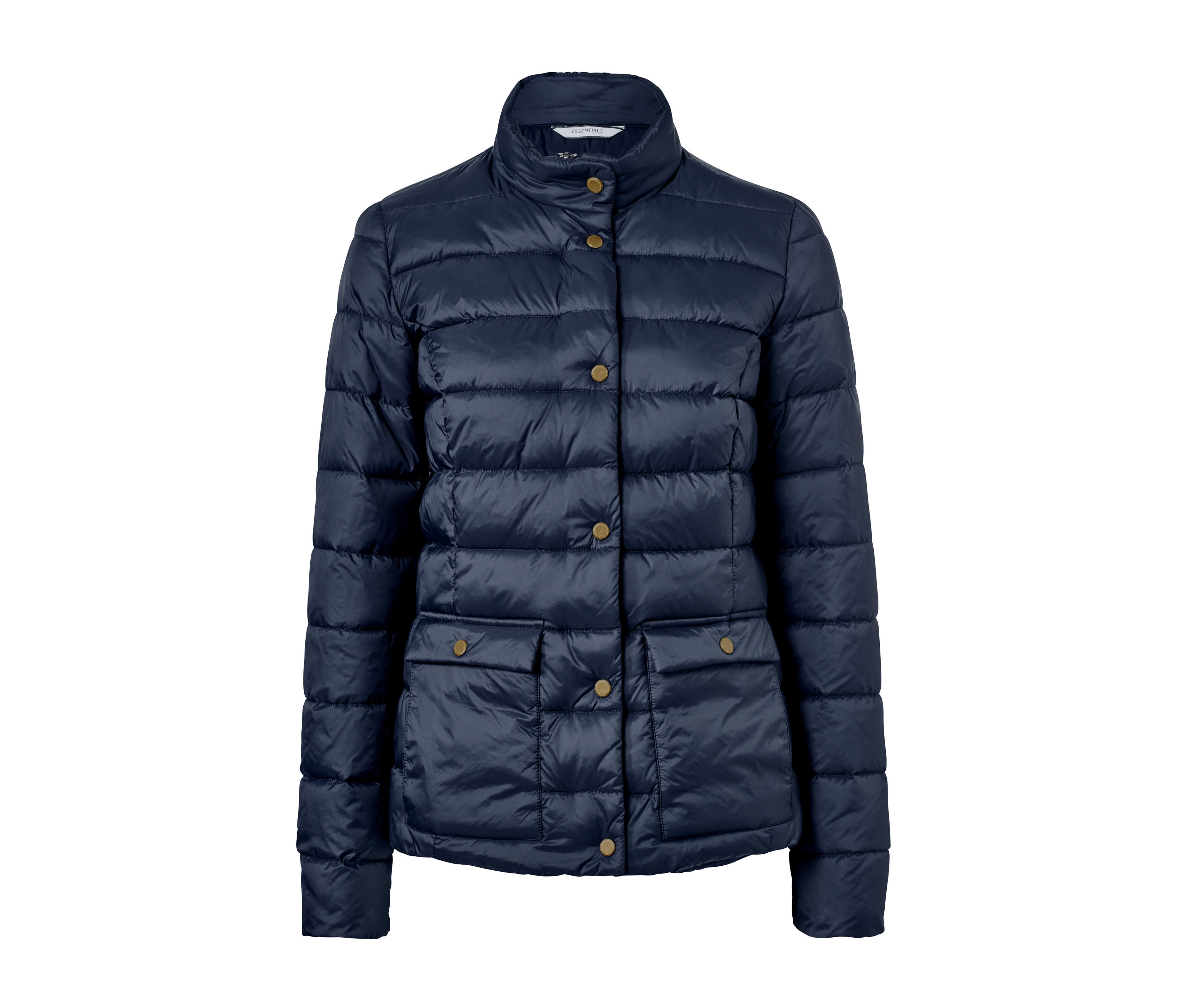 Dunkelblaue Steppjacke mit Knöpfen und Taschen.