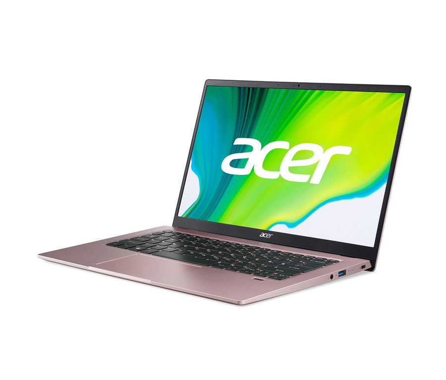 Ein geöffnetes, pinkes Acer Swift 1 Notebook steht auf einem weißen Hintergrund.