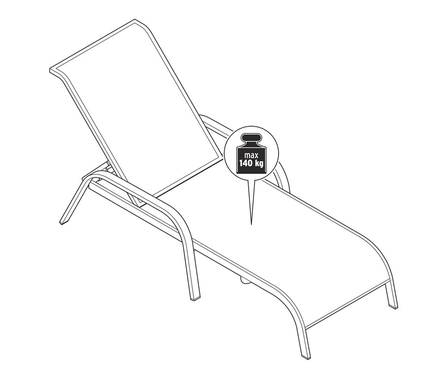 Illustration einer Gartenliege mit Polyrattangeflecht und einer maximalen Belastbarkeit von 140 kg.