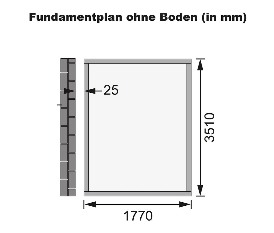 Grundriss ohne Boden in Millimetern. Die Abmessungen sind 1770x3510 mm.