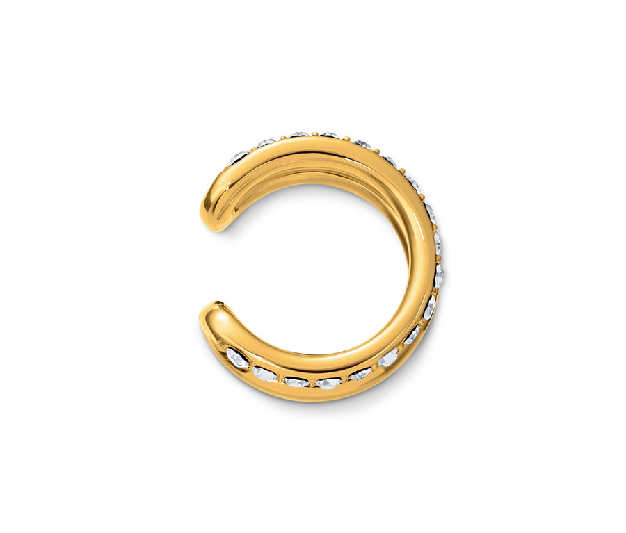 Nahaufnahme eines goldenen, doppelreihigen Earcuffs.