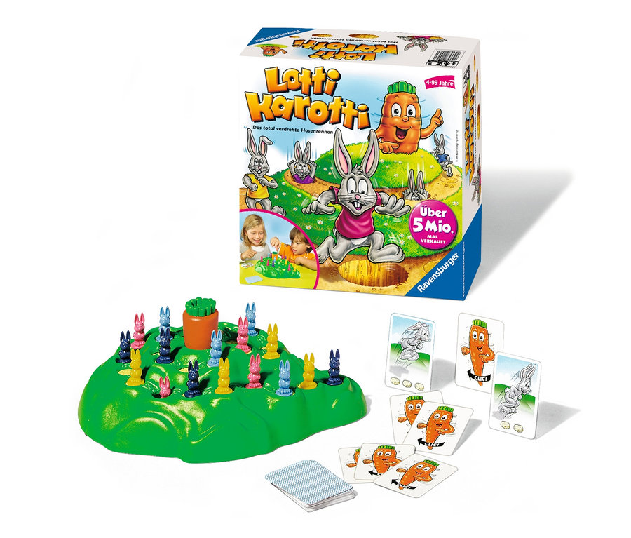 Ravensburger »Lotti Karotti« Brettspiel mit einem Spielbrett in Form eines grünen Hügels mit bunten Häschen.