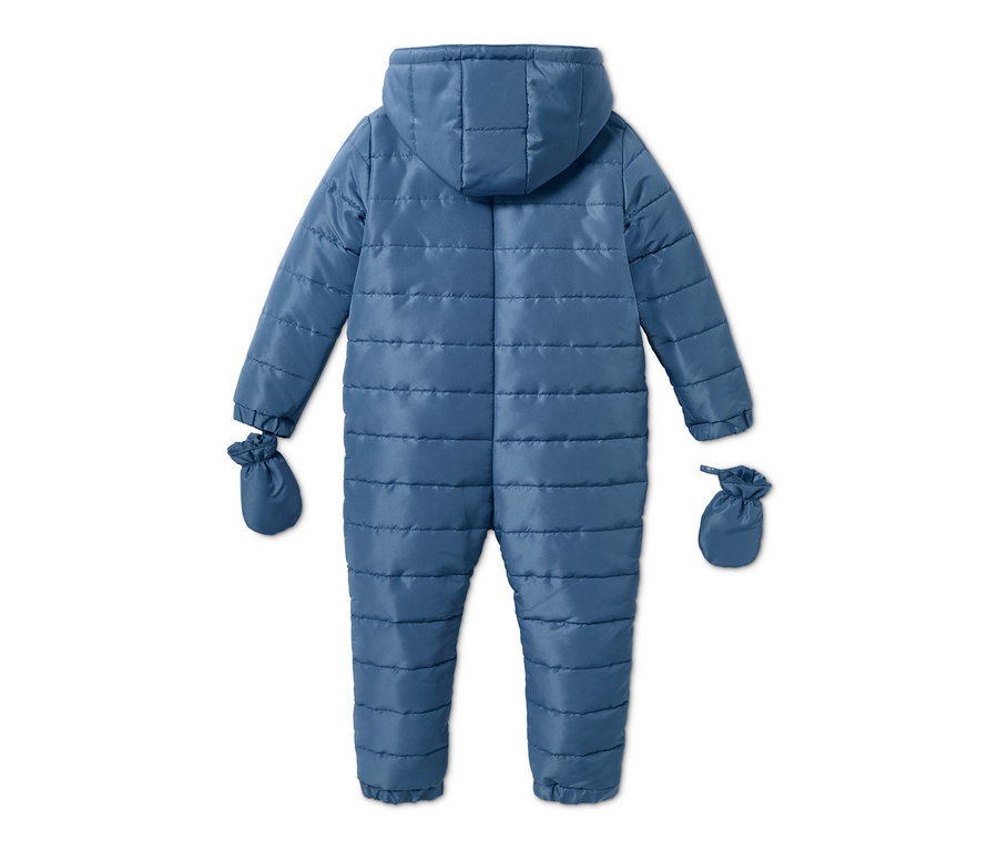 Blauer Baby-Winteroverall mit Kapuze und Fäustlingen.