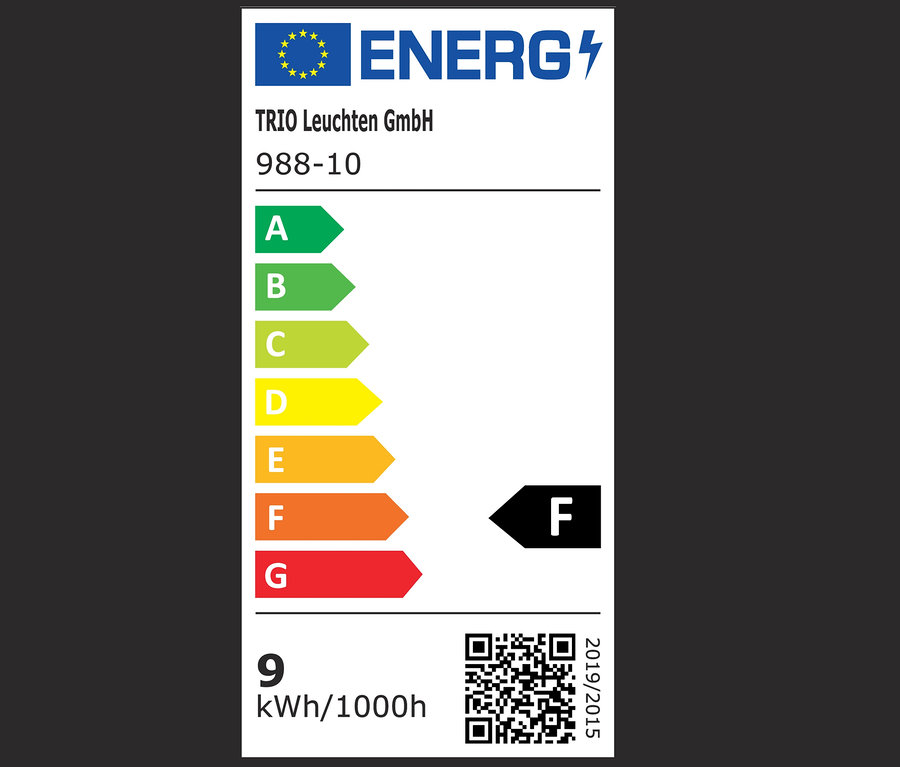 Energieetikett eines Geräts mit der Klasse F, einem Verbrauch von 9 kWh/1000h und einem QR-Code.