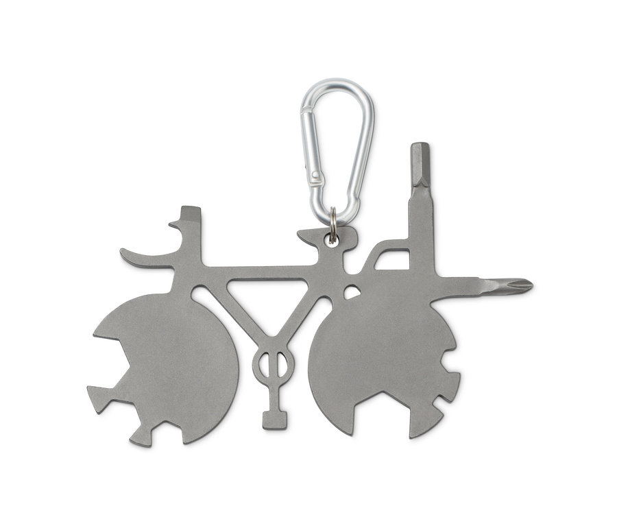 Ein graues Fahrrad-Multifunktionswerkzeug in Fahrradform mit Karabiner.