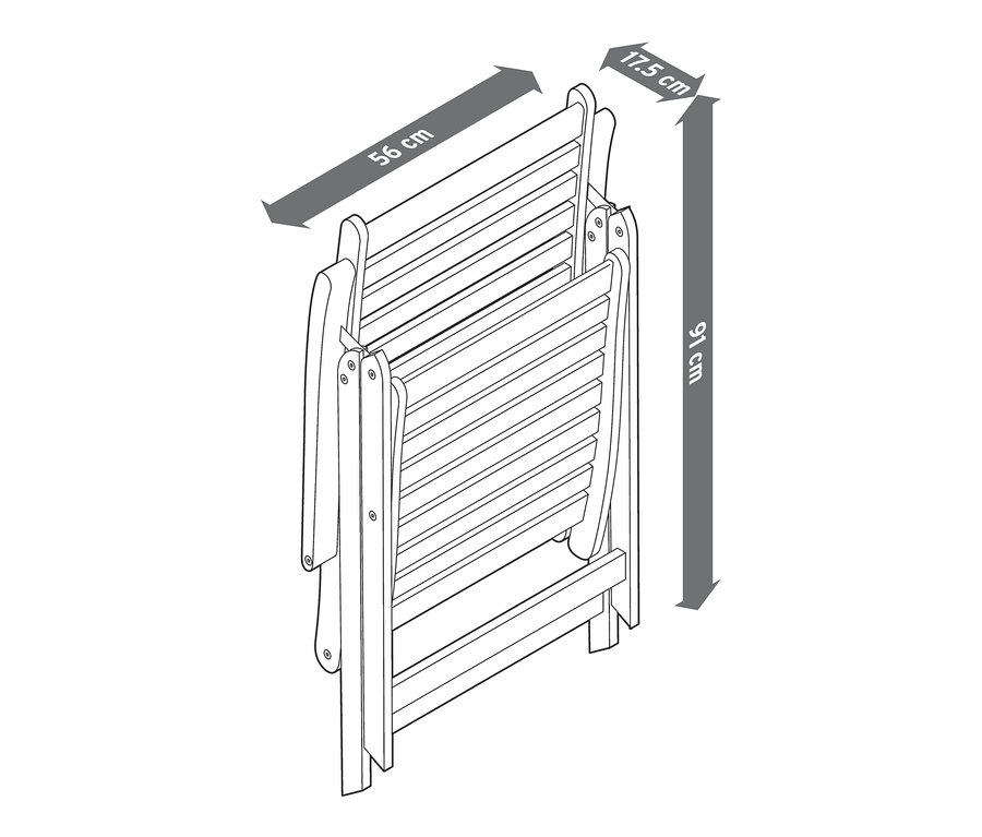 Eine Strichzeichnung von zwei Teak-Hochlehnern mit verstellbarer Rückenlehne, die zusammengeklappt sind. Die Abmessungen sind mit Pfeilen gekennzeichnet: 56 cm, 17,5 cm und 91 cm.