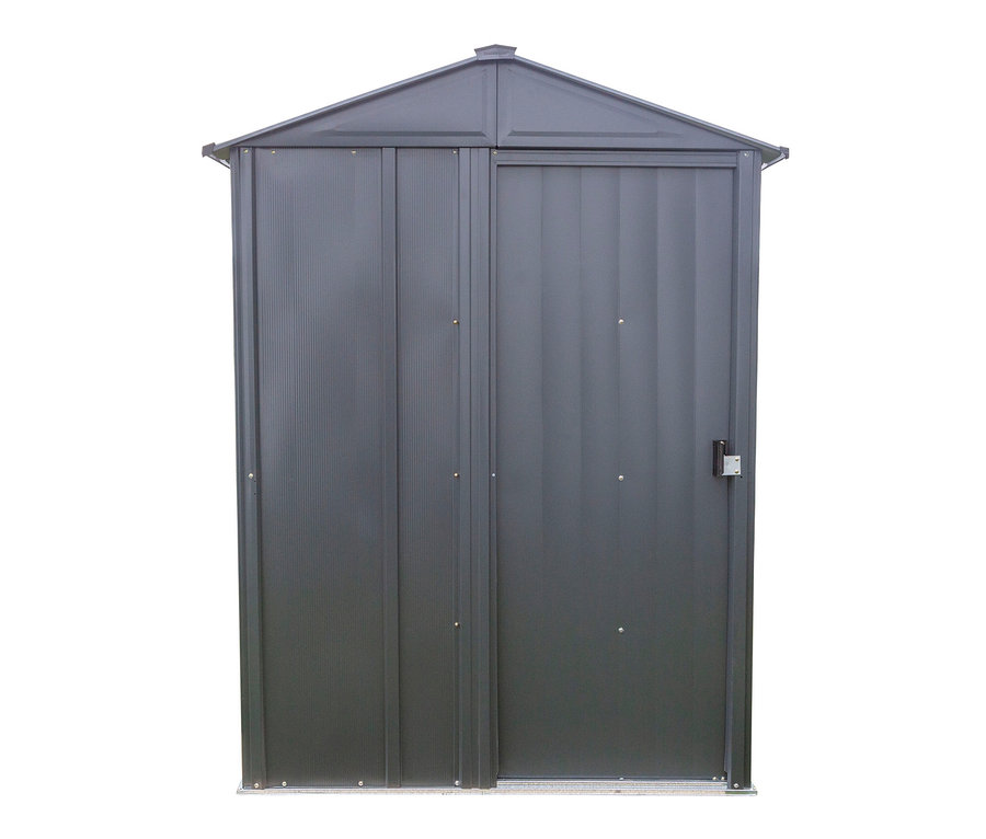 Graues Metallgerätehaus mit Satteldach, ca. 150 x 120 cm.