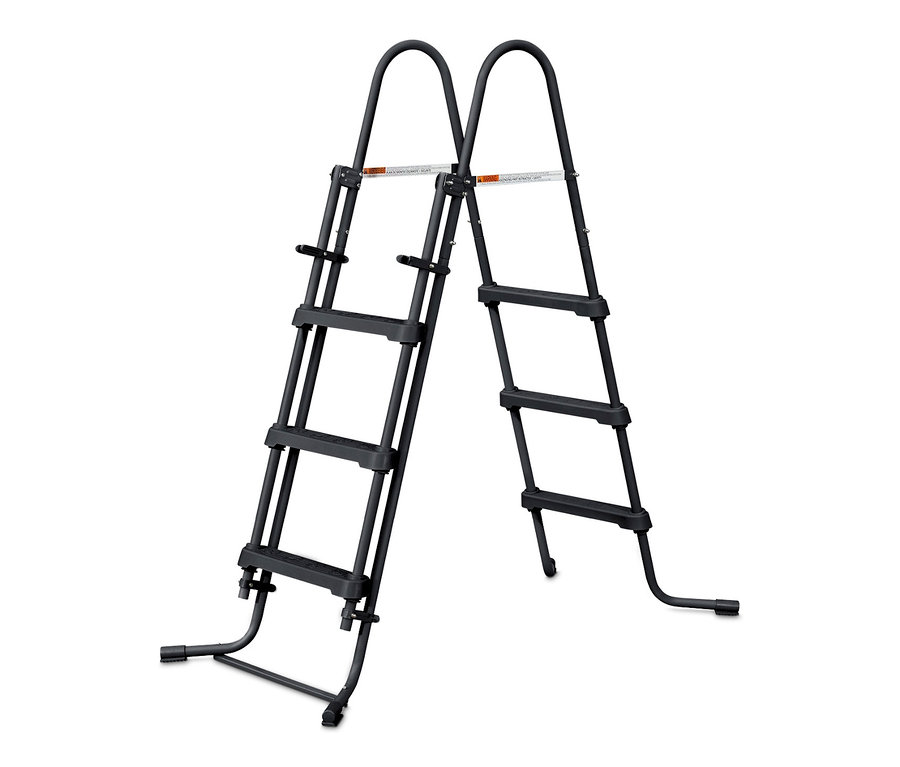 Schwarze Leiter für Summer Waves Active-Frame-Pool, Rattan, ca. 424 x 250 cm, vor weißem Hintergrund.