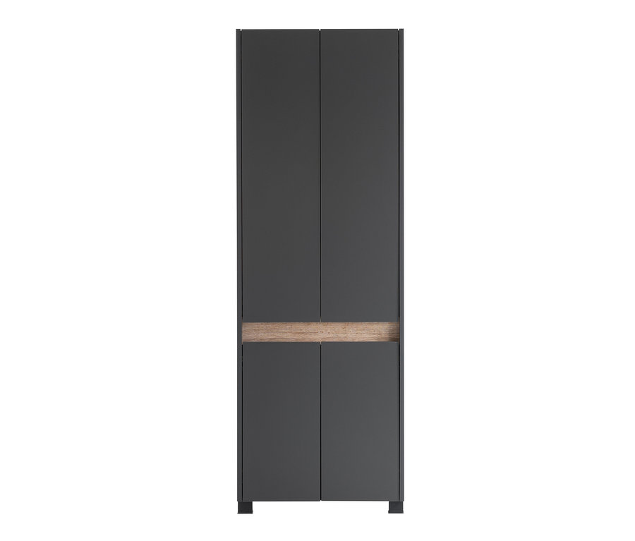 Anthrazitfarbener Schuhschrank "Cosmo" mit vier Türen und einer Holzleiste in der Mitte.
