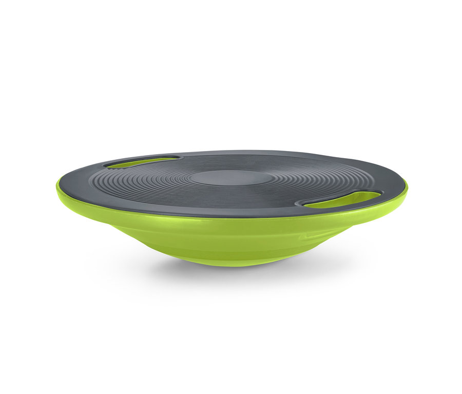 Ein grünes Balance-Board mit einer grauen, rutschfesten Oberfläche.