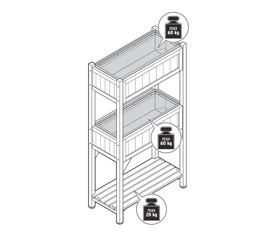 Illustration eines dreistöckigen Pflanzkasten-Regals »Elin«.