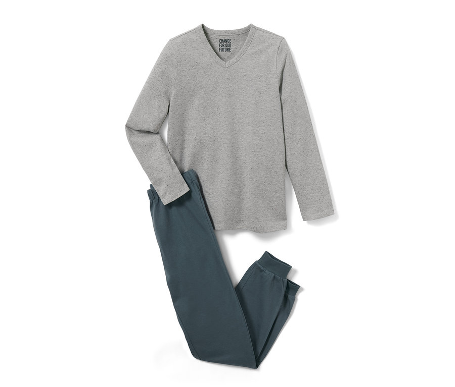 2 Kinder-Pyjamas, ein graues Langarmshirt und eine blaue Hose.