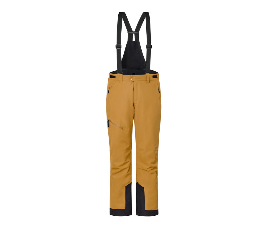 Eine Skihose in Camel mit schwarzen Hosenträgern und schwarzen Abschlüssen.