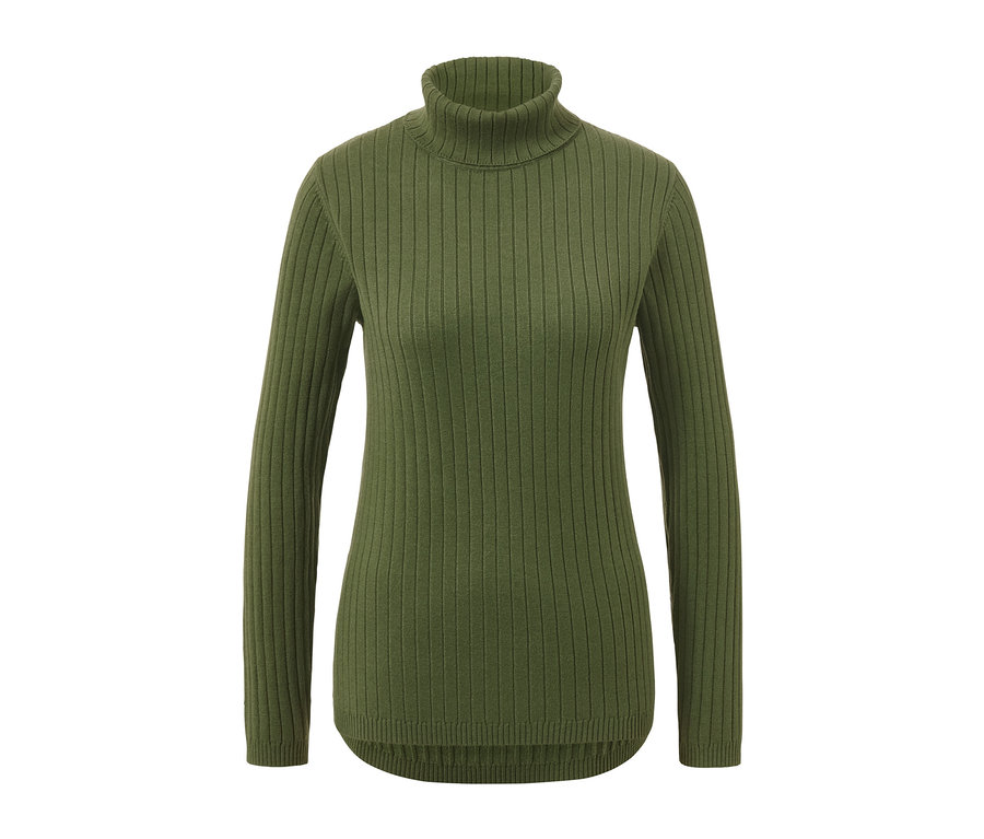 Grüner gerippter Rollkragenpullover.