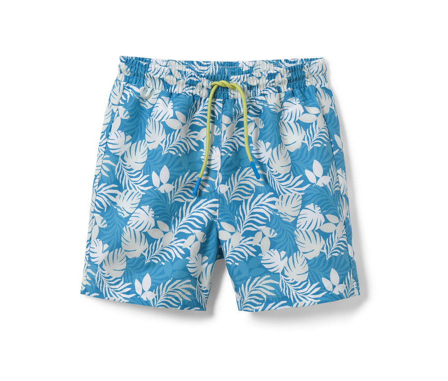 Kinder-Boardshorts mit blau-weißem Blattmuster und gelbem Kordelzug.