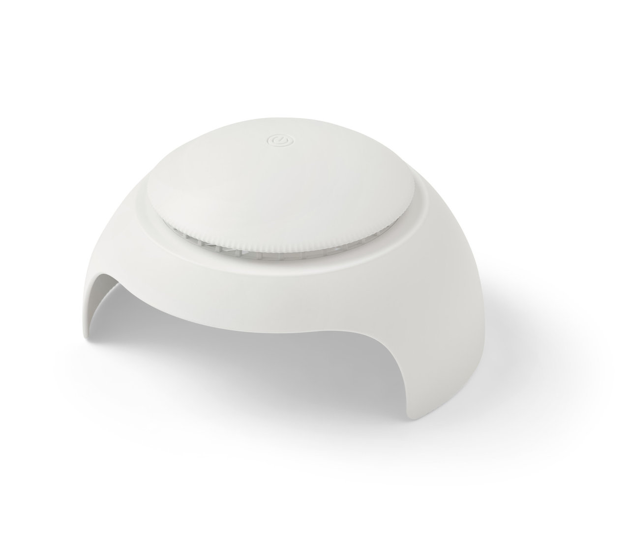 Weißer Nageltrockner mit LED-Licht und Ventilator auf weißem Hintergrund.