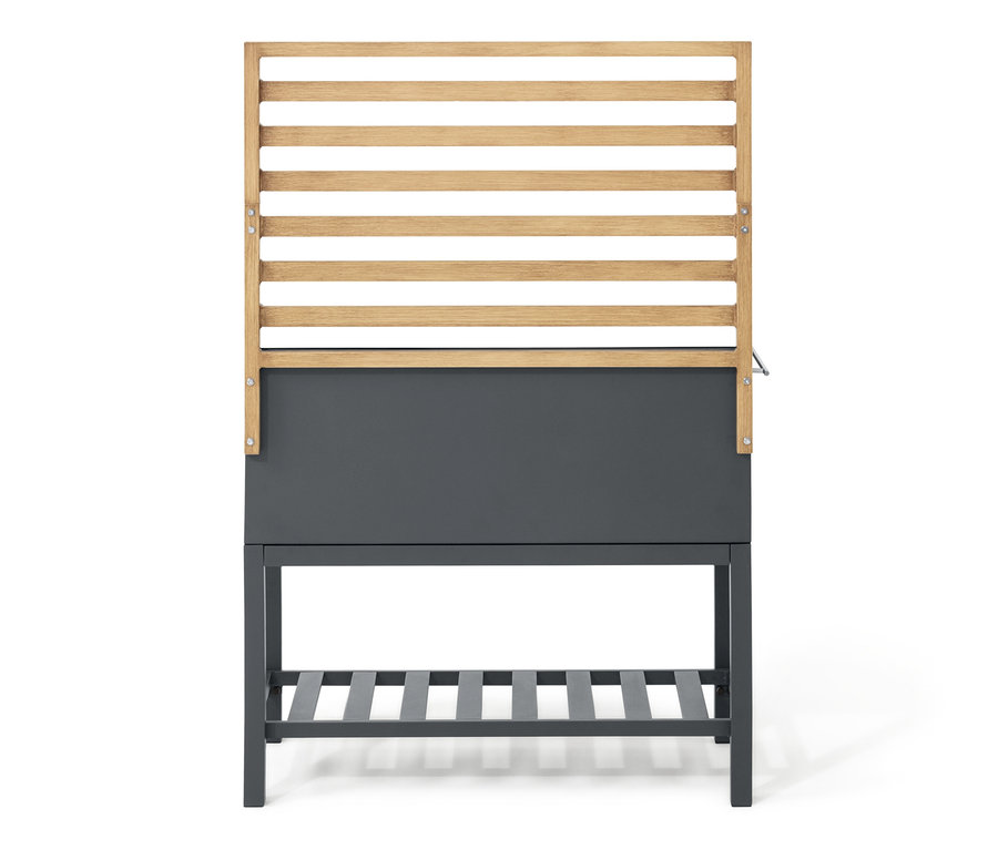 Graues Outdoor-Küchenmodul mit Lamellenwand in Frontansicht.
